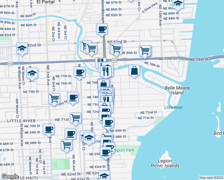 map of restaurants, bars, coffee shops, grocery stores, and more near 31 Northeast 74th Street in Miami