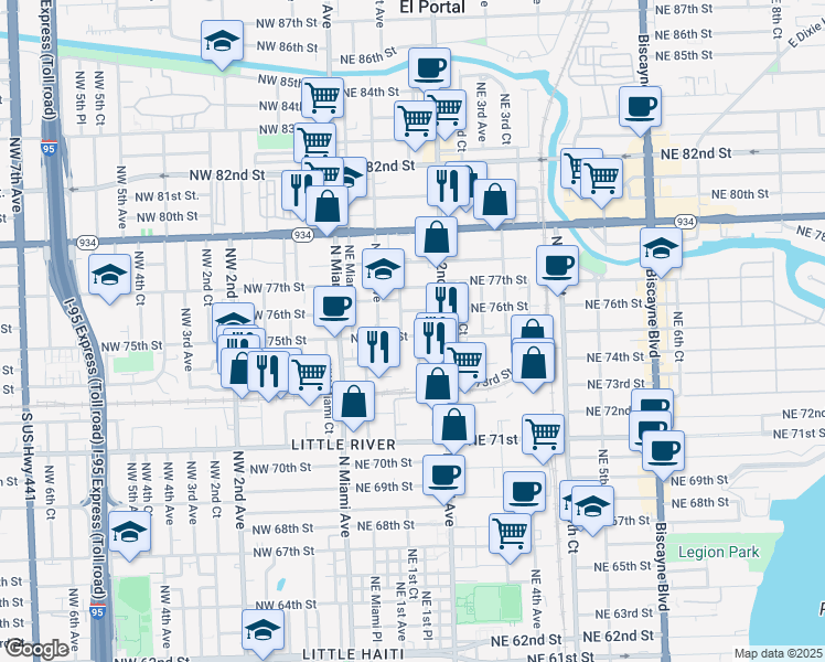 map of restaurants, bars, coffee shops, grocery stores, and more near 130 Northeast 75th Street in Miami