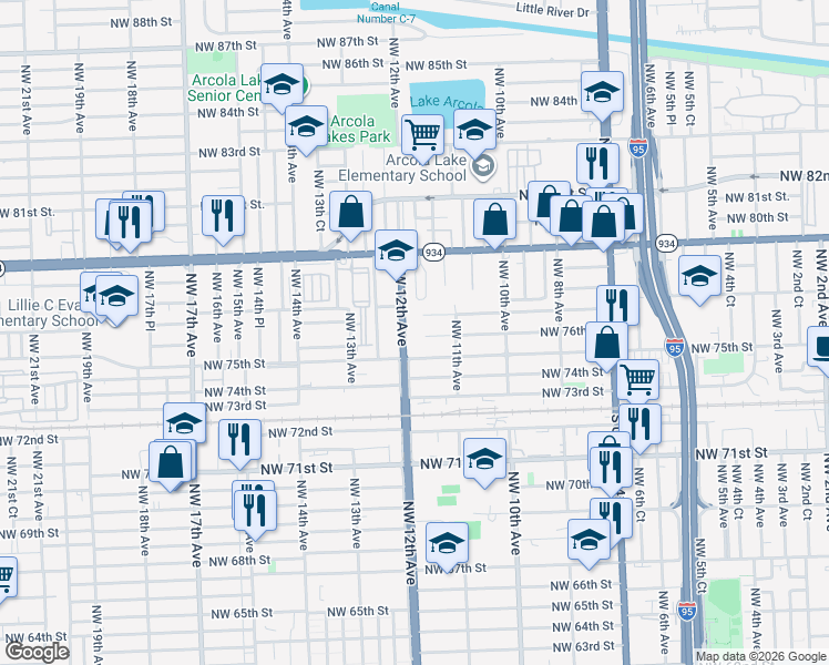 map of restaurants, bars, coffee shops, grocery stores, and more near 7530 Northwest 12th Avenue in Miami