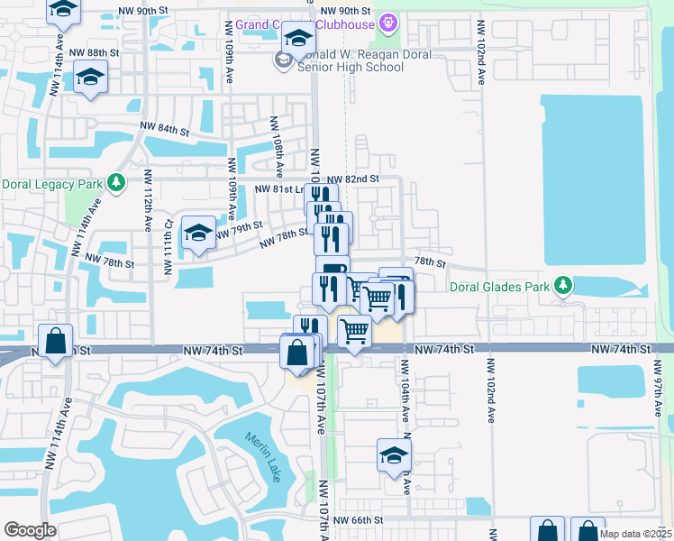 map of restaurants, bars, coffee shops, grocery stores, and more near 7661 Northwest 107th Avenue in Doral