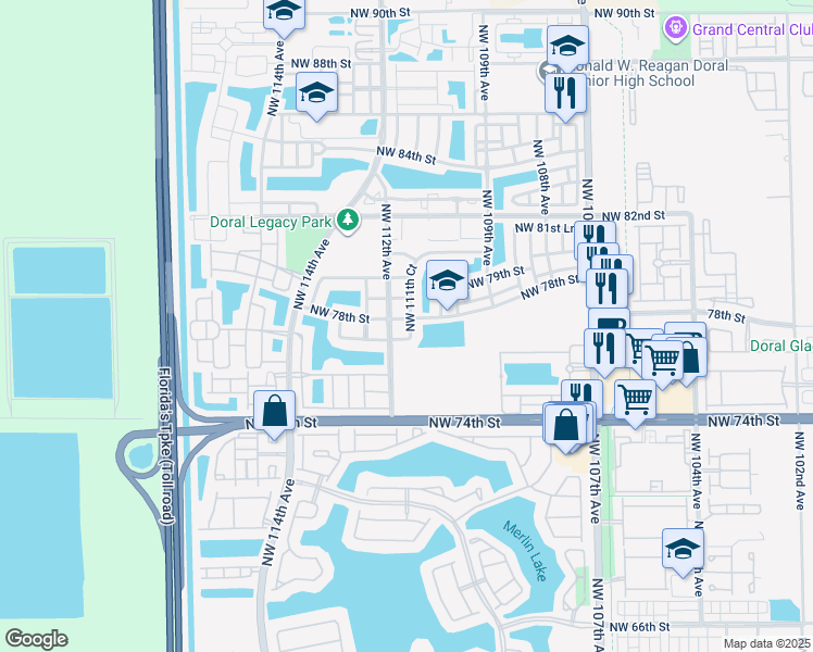 map of restaurants, bars, coffee shops, grocery stores, and more near 7731 Northwest 111th Court in Doral