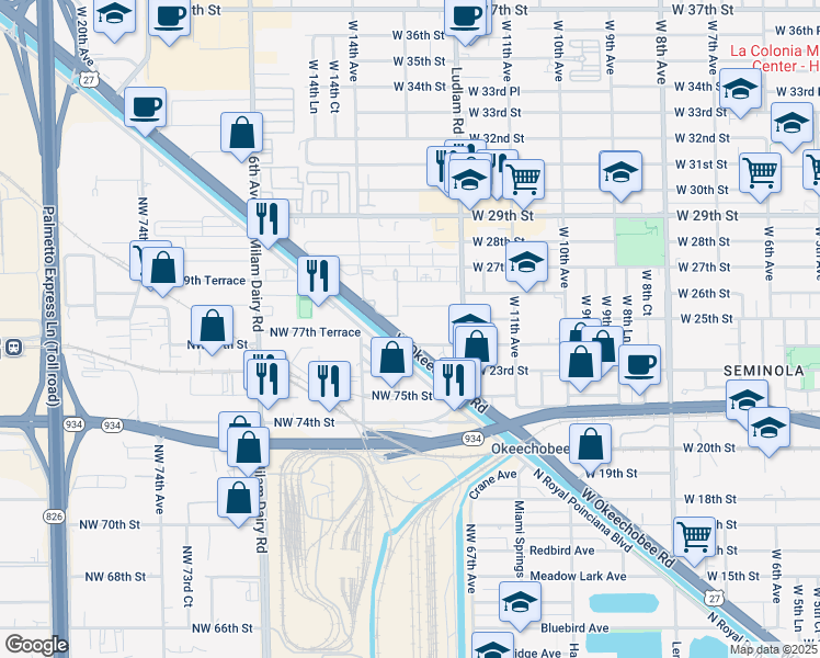 map of restaurants, bars, coffee shops, grocery stores, and more near 2401 West Okeechobee Road in Hialeah