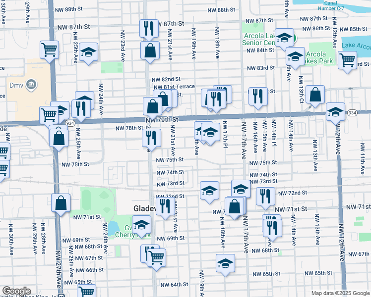 map of restaurants, bars, coffee shops, grocery stores, and more near 1990 Northwest 76th Street in Miami