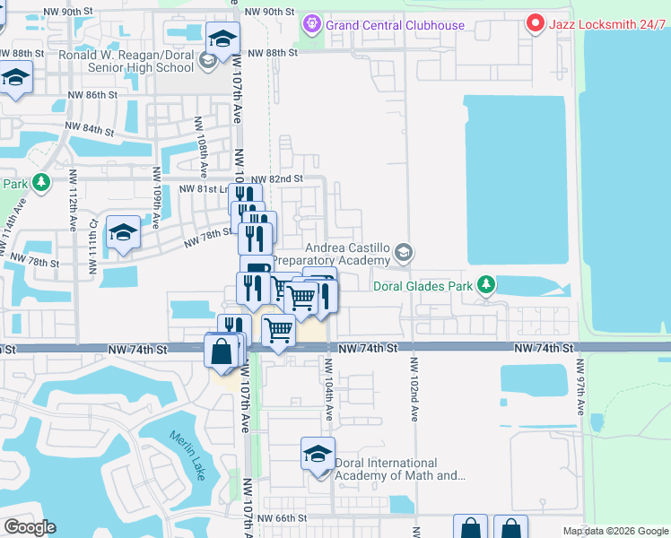 map of restaurants, bars, coffee shops, grocery stores, and more near 10397 Northwest 77th Street in Doral