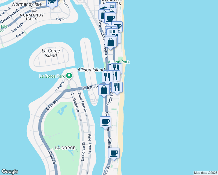 map of restaurants, bars, coffee shops, grocery stores, and more near 6000 Florida A1A in Miami Beach
