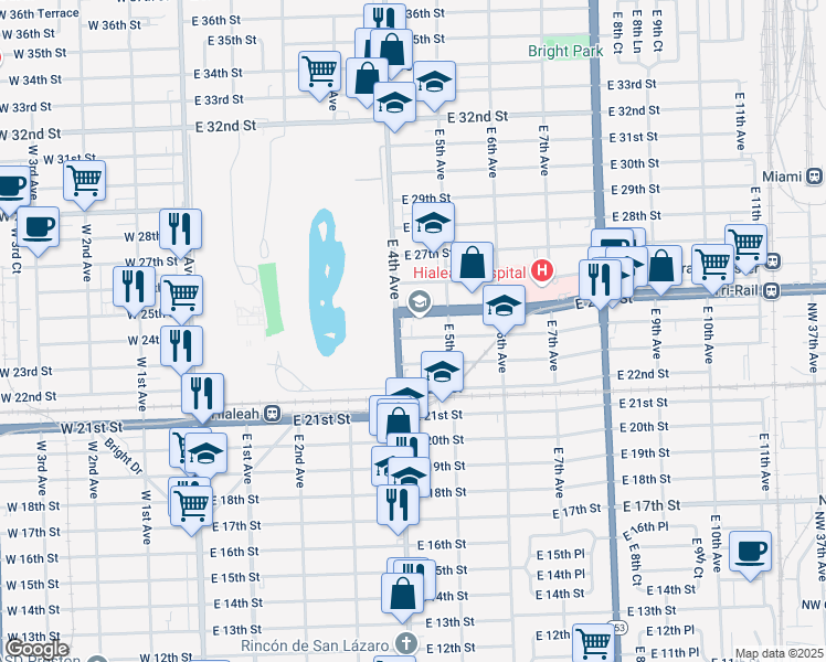 map of restaurants, bars, coffee shops, grocery stores, and more near 425 East 24th Street in Hialeah