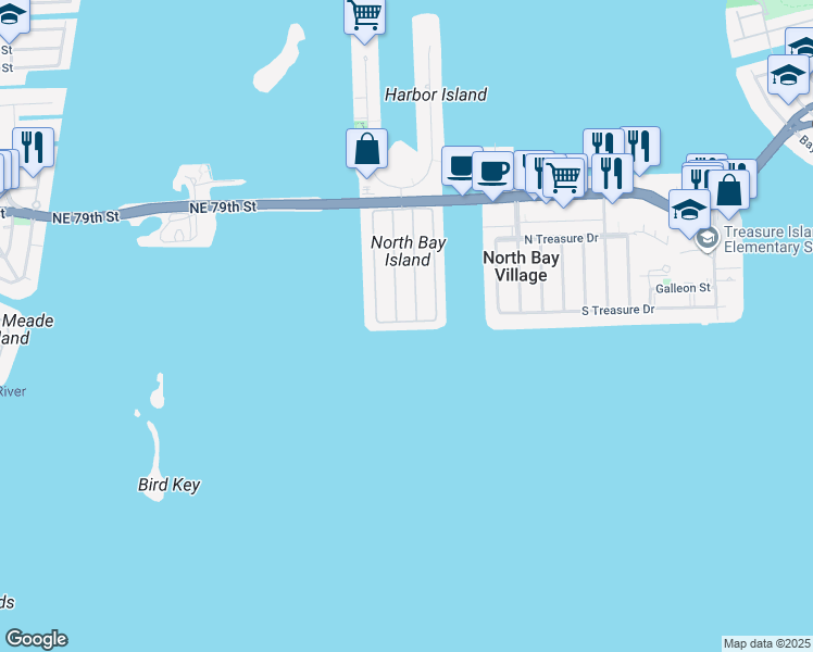 map of restaurants, bars, coffee shops, grocery stores, and more near 1351 Bay Terrace in North Bay Village