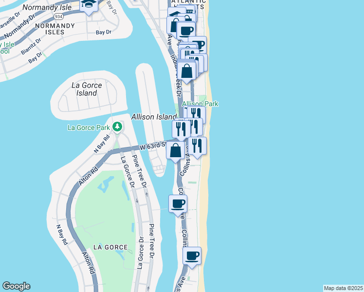 map of restaurants, bars, coffee shops, grocery stores, and more near 6000 Florida A1A in Miami Beach