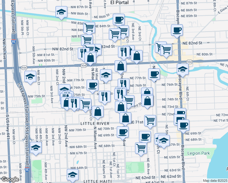 map of restaurants, bars, coffee shops, grocery stores, and more near 130 Northeast 75th Street in Miami