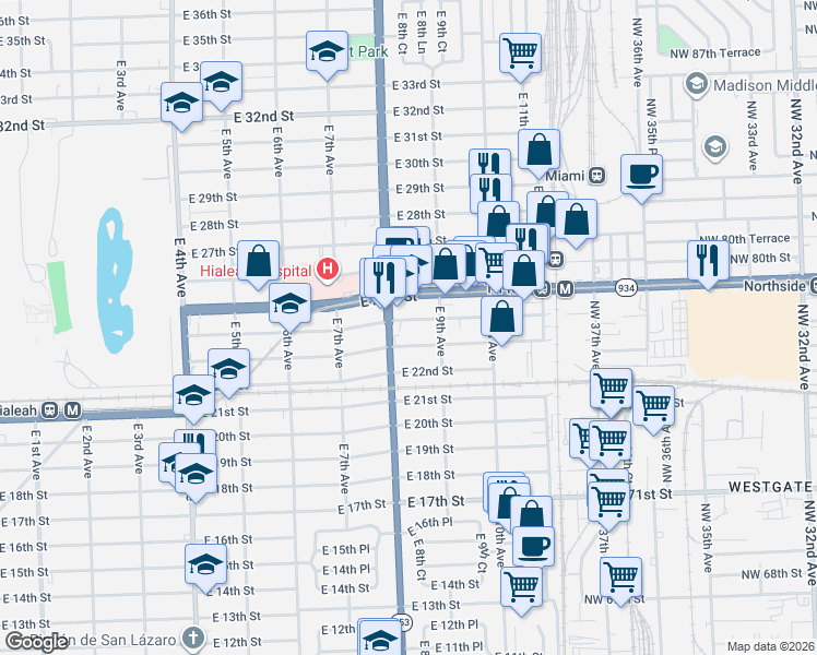 map of restaurants, bars, coffee shops, grocery stores, and more near 847 East 23rd Street in Hialeah