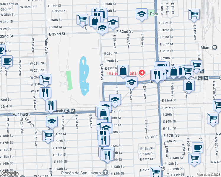 map of restaurants, bars, coffee shops, grocery stores, and more near 482 East 24th Street in Hialeah