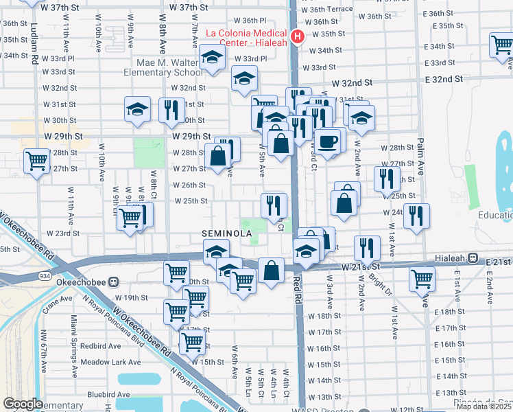 map of restaurants, bars, coffee shops, grocery stores, and more near 511 West 24th Street in Hialeah