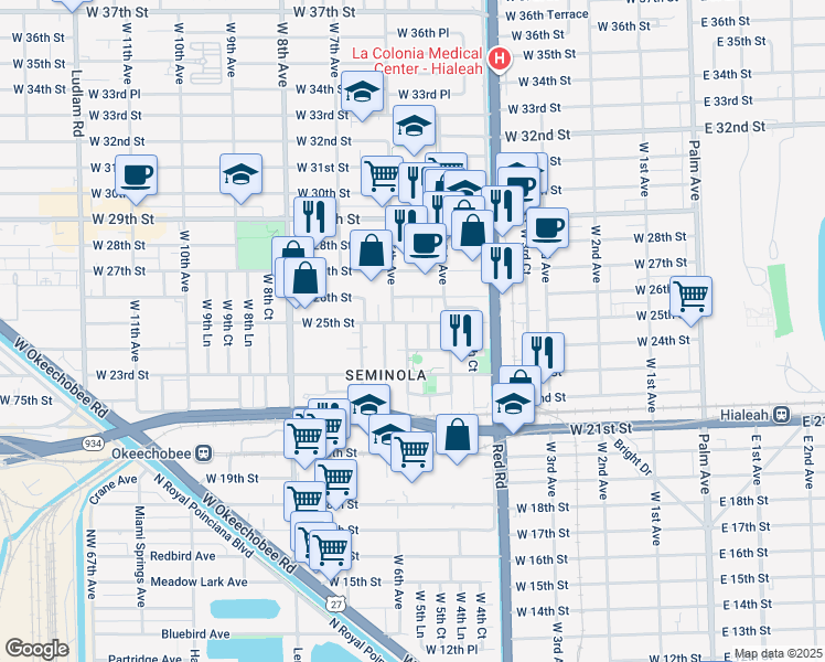 map of restaurants, bars, coffee shops, grocery stores, and more near 565 West 24th Street in Hialeah
