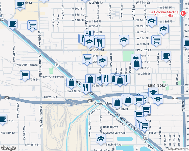 map of restaurants, bars, coffee shops, grocery stores, and more near 1168 West 24th Street in Hialeah