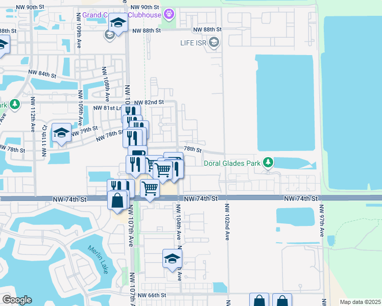 map of restaurants, bars, coffee shops, grocery stores, and more near 7651 Northwest 103rd Place in Doral