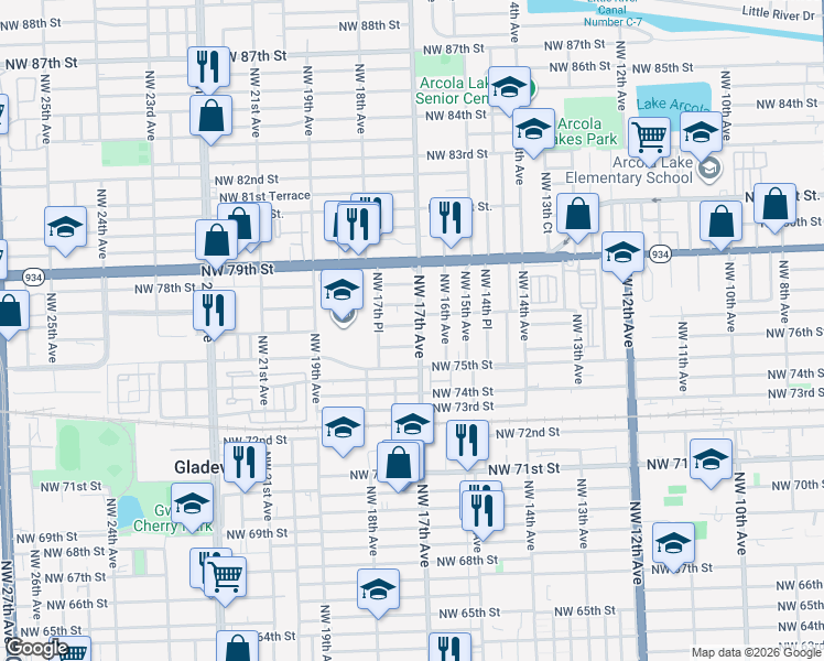 map of restaurants, bars, coffee shops, grocery stores, and more near 1728 Northwest 76th Street in Miami