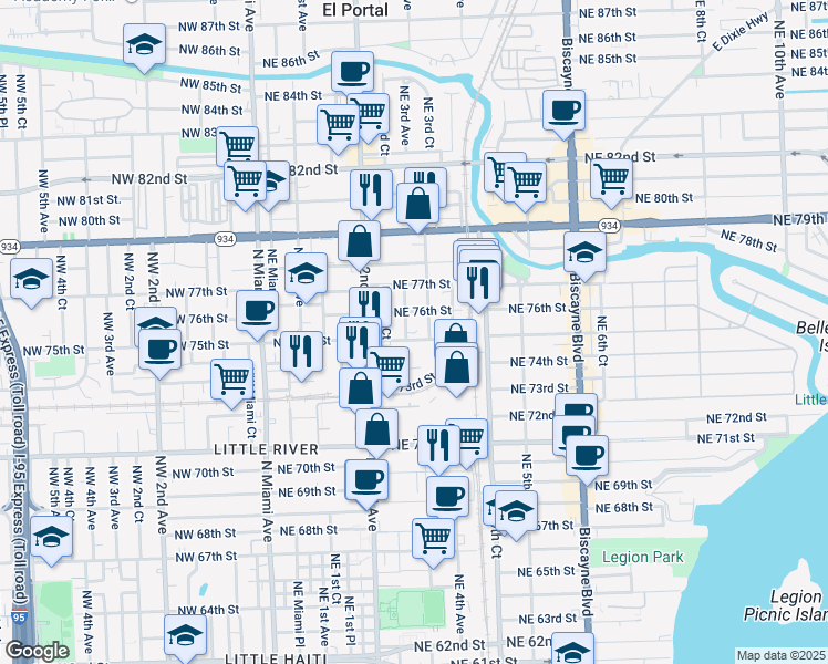 map of restaurants, bars, coffee shops, grocery stores, and more near 300 Northeast 75th Street in Miami