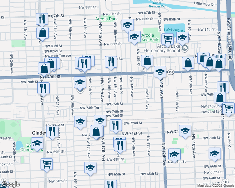 map of restaurants, bars, coffee shops, grocery stores, and more near 7560 Northwest 14th Place in Miami