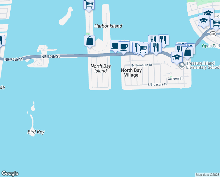 map of restaurants, bars, coffee shops, grocery stores, and more near 1365 Bay Terrace in North Bay Village