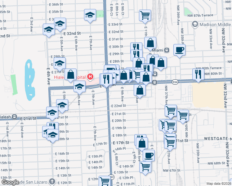 map of restaurants, bars, coffee shops, grocery stores, and more near 847 East 23rd Street in Hialeah