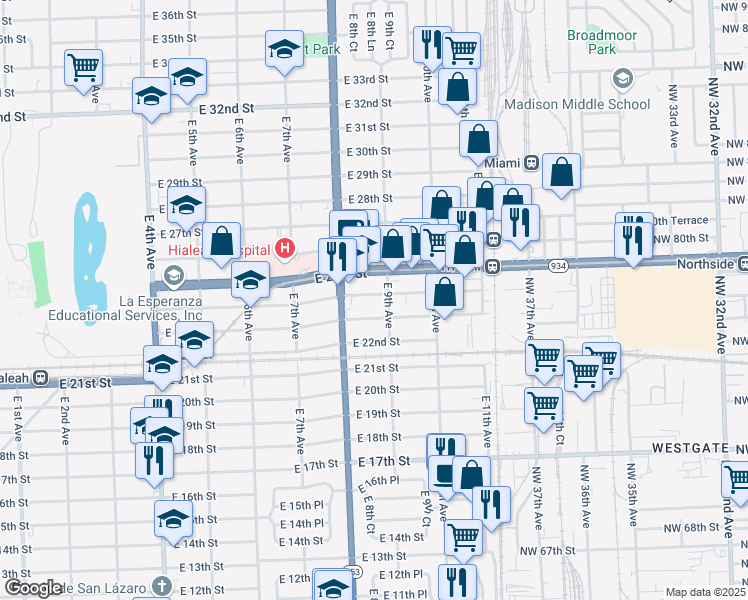 map of restaurants, bars, coffee shops, grocery stores, and more near 870 East 24th Street in Hialeah