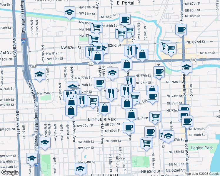 map of restaurants, bars, coffee shops, grocery stores, and more near 40 Northeast 75th Street in Miami