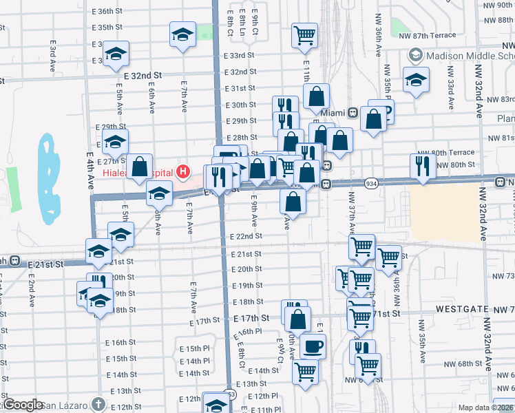 map of restaurants, bars, coffee shops, grocery stores, and more near 924 East 23rd Street in Hialeah
