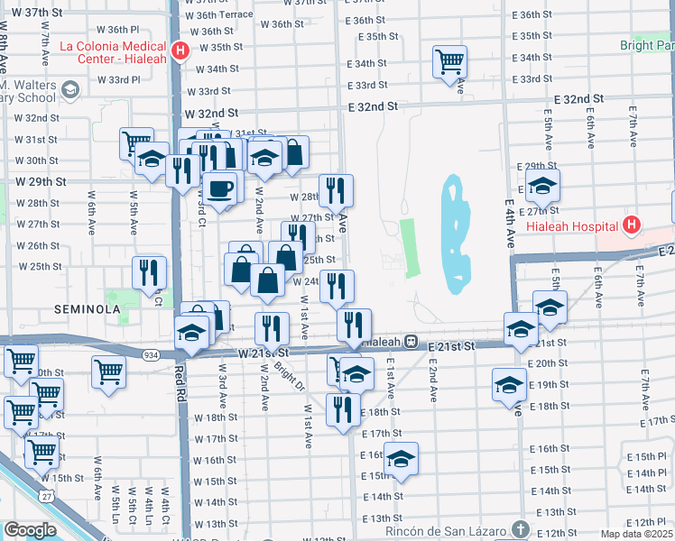 map of restaurants, bars, coffee shops, grocery stores, and more near 44 West 24th Street in Hialeah