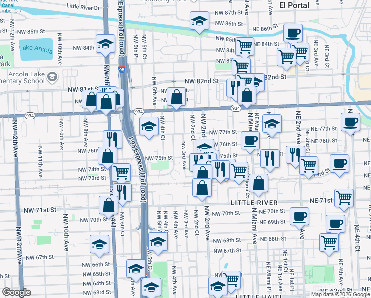 map of restaurants, bars, coffee shops, grocery stores, and more near 254 Northwest 75th Street in Miami