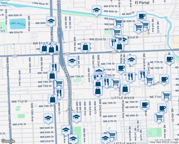 map of restaurants, bars, coffee shops, grocery stores, and more near 254 Northwest 75th Street in Miami