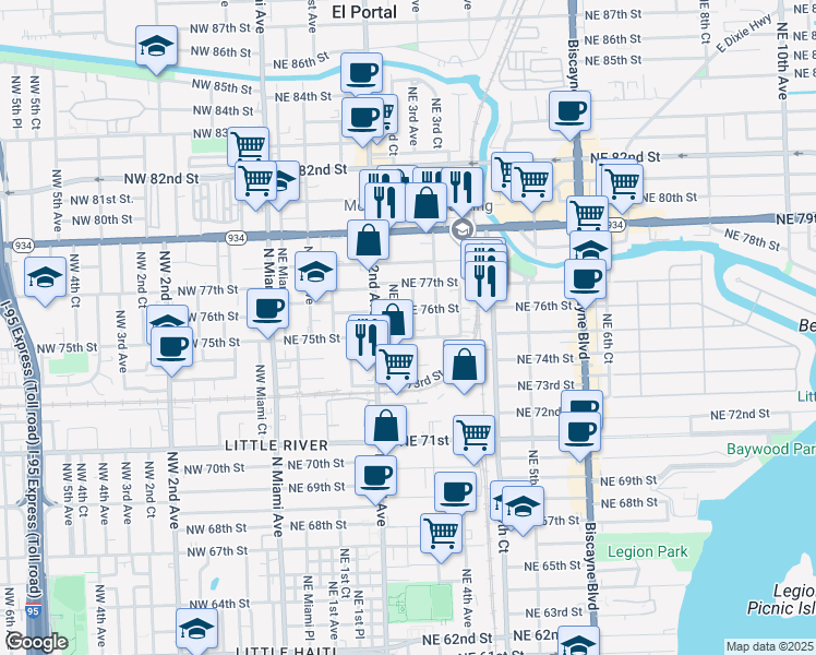 map of restaurants, bars, coffee shops, grocery stores, and more near 300 Northeast 75th Street in Miami