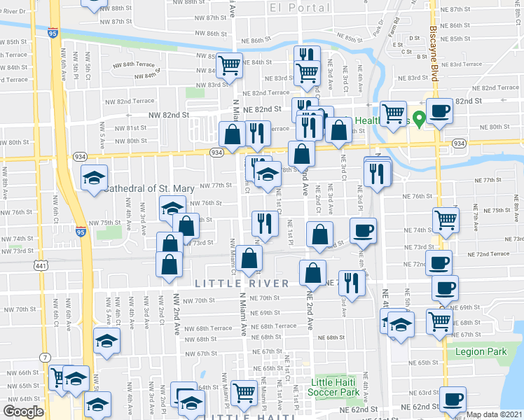 map of restaurants, bars, coffee shops, grocery stores, and more near 40 Northeast 75th Street in Miami
