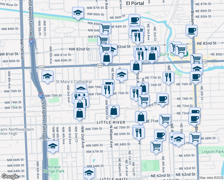 map of restaurants, bars, coffee shops, grocery stores, and more near 40 Northeast 75th Street in Miami