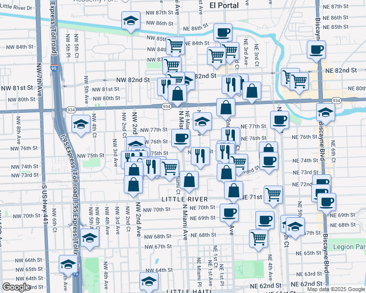 map of restaurants, bars, coffee shops, grocery stores, and more near 40 Northeast 75th Street in Miami