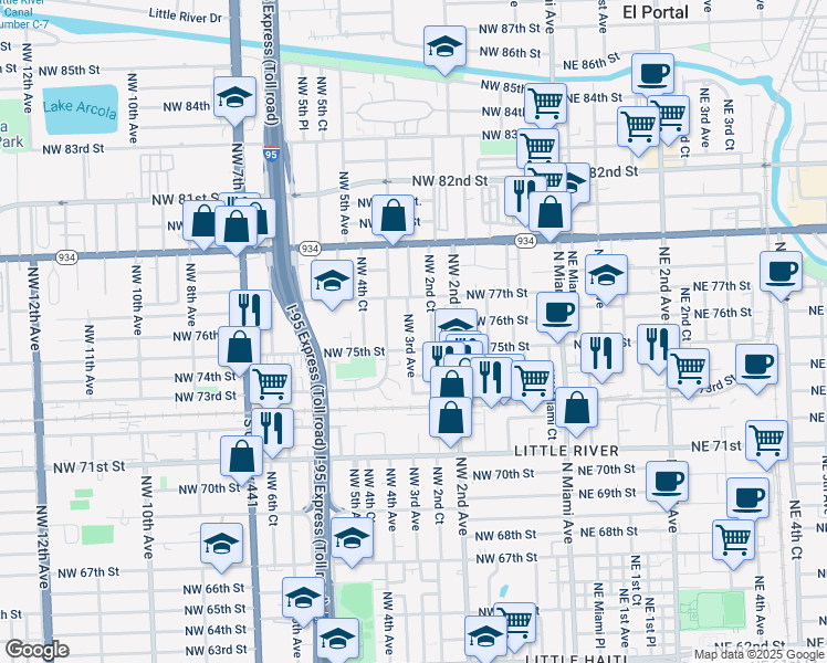 map of restaurants, bars, coffee shops, grocery stores, and more near 254 Northwest 75th Street in Miami