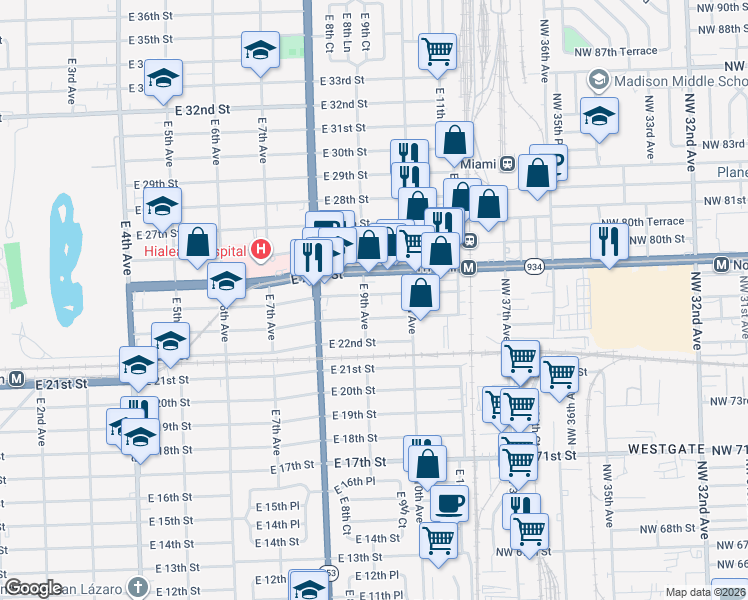 map of restaurants, bars, coffee shops, grocery stores, and more near 924 East 23rd Street in Hialeah