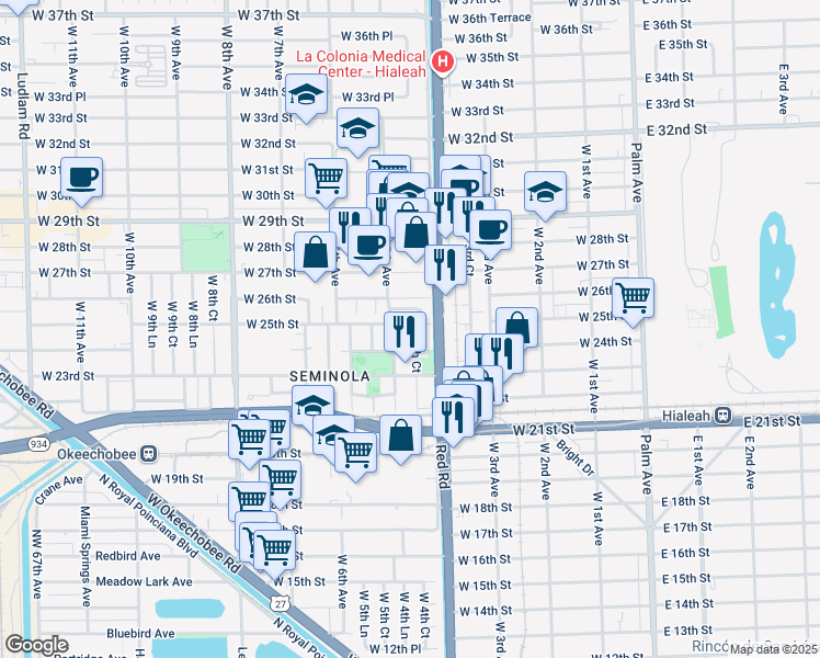 map of restaurants, bars, coffee shops, grocery stores, and more near 511 West 24th Street in Hialeah