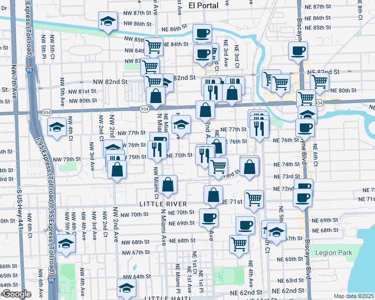 map of restaurants, bars, coffee shops, grocery stores, and more near 7520 Northeast 1st Court in Miami