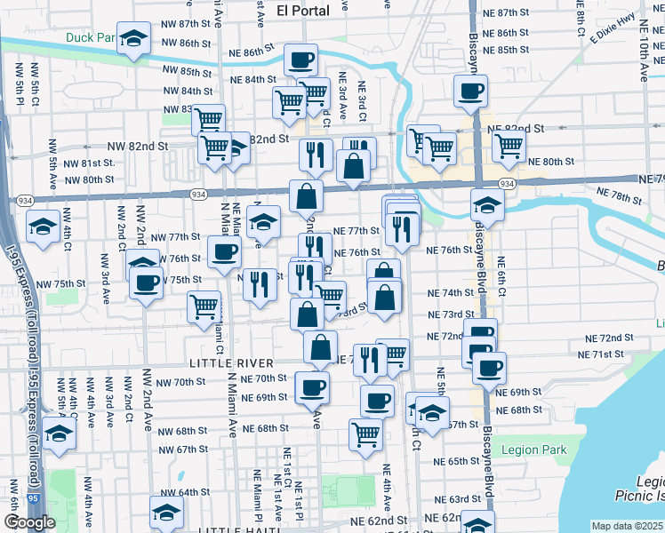 map of restaurants, bars, coffee shops, grocery stores, and more near 7521 Northeast 2nd Court in Miami