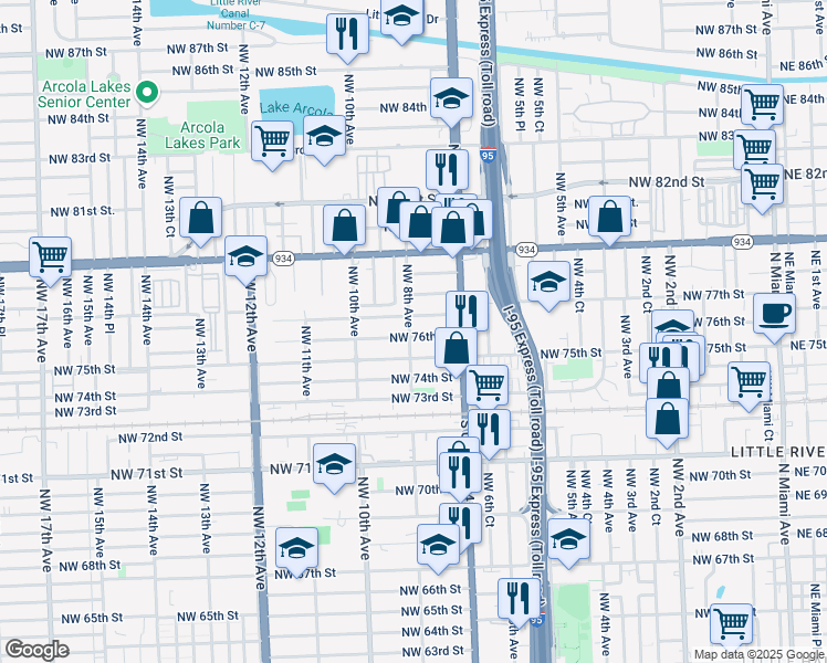 map of restaurants, bars, coffee shops, grocery stores, and more near 795 Northwest 75th Street in Miami