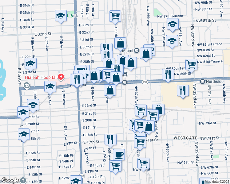 map of restaurants, bars, coffee shops, grocery stores, and more near 1065 East 23rd Street in Hialeah