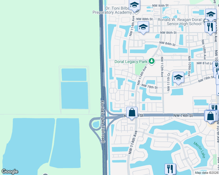 map of restaurants, bars, coffee shops, grocery stores, and more near 7858 Northwest 116 Place in Medley