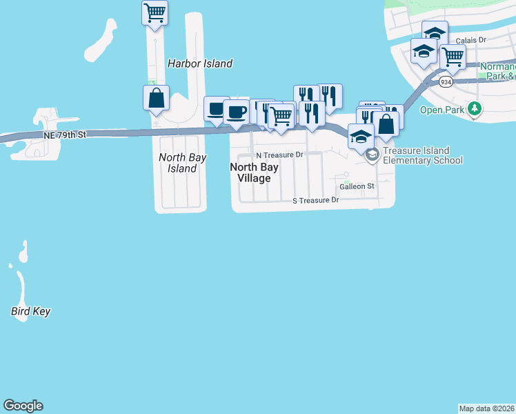 map of restaurants, bars, coffee shops, grocery stores, and more near 7508 Adventure Avenue in North Bay Village