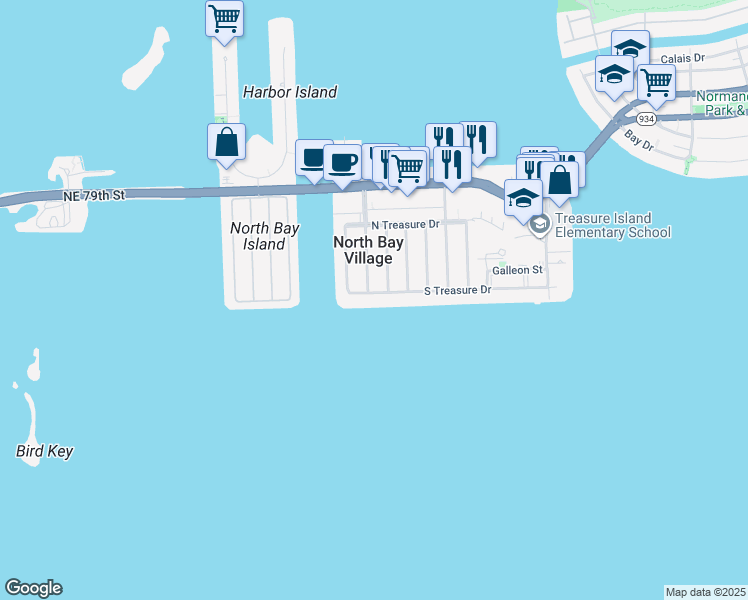 map of restaurants, bars, coffee shops, grocery stores, and more near 7508 Adventure Avenue in North Bay Village