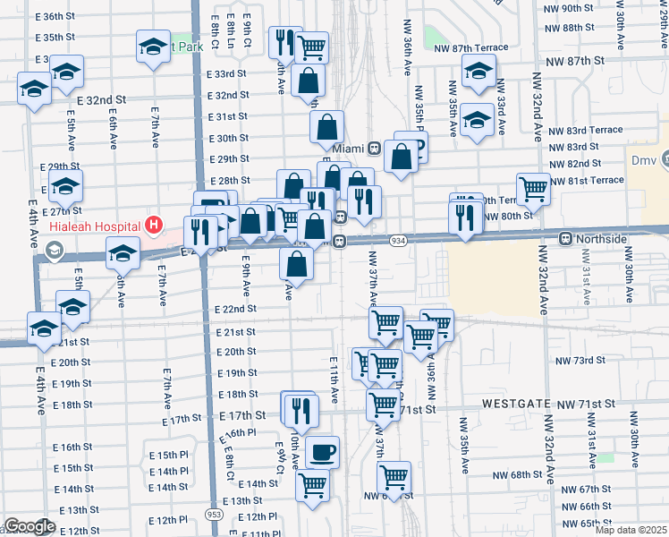 map of restaurants, bars, coffee shops, grocery stores, and more near in Hialeah
