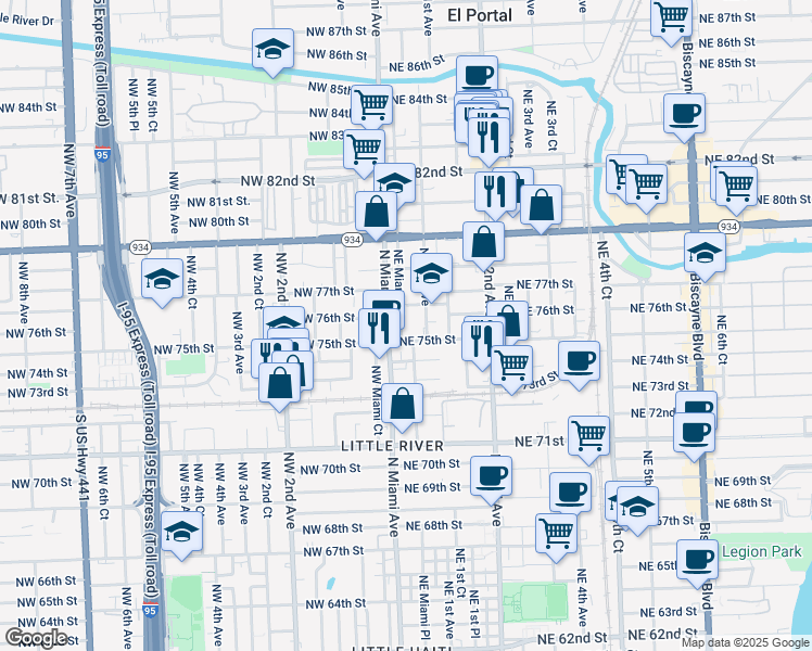 map of restaurants, bars, coffee shops, grocery stores, and more near 31 Northeast 76th Street in Miami