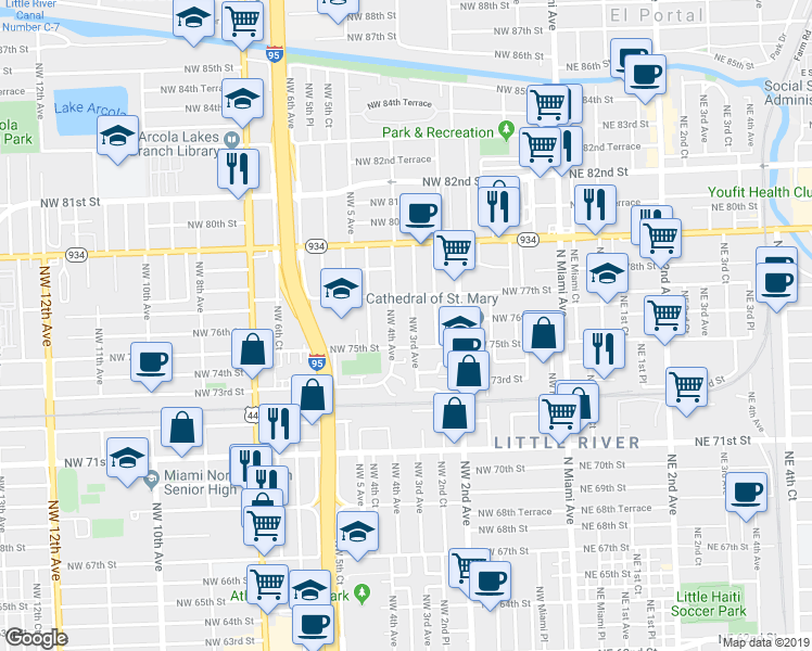 map of restaurants, bars, coffee shops, grocery stores, and more near 7631 Northwest 4th Avenue in Miami