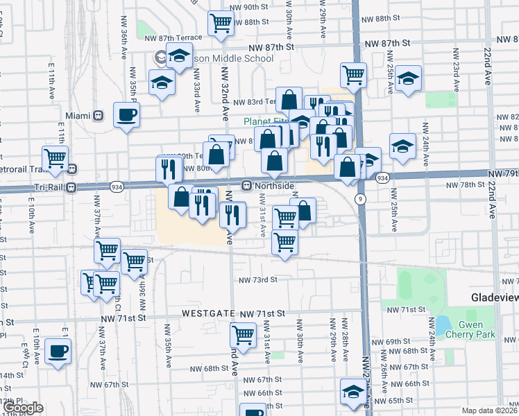 map of restaurants, bars, coffee shops, grocery stores, and more near 3131 Northwest 77th Street in Miami