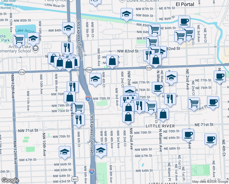 map of restaurants, bars, coffee shops, grocery stores, and more near 7631 Northwest 4th Avenue in Miami