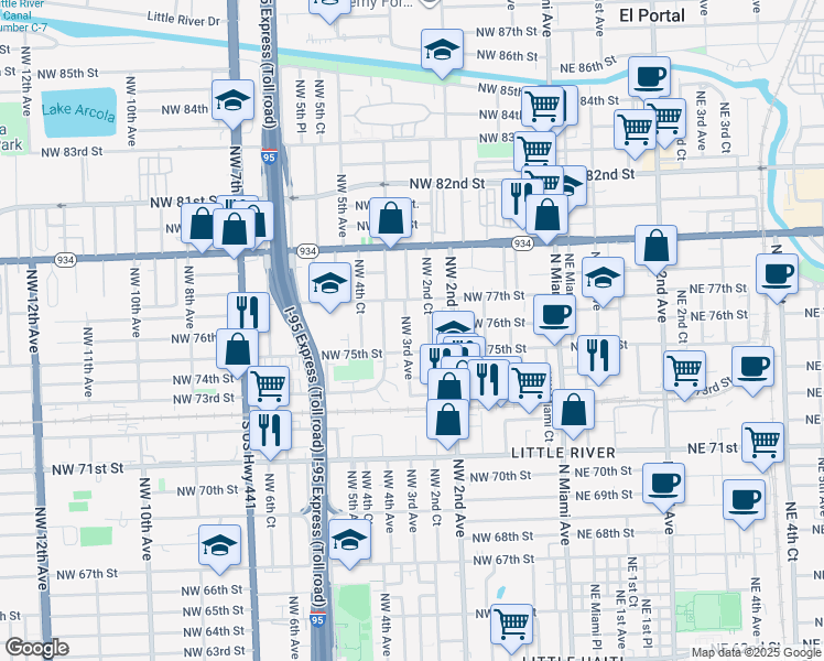 map of restaurants, bars, coffee shops, grocery stores, and more near 7636 Northwest 2nd Court in Miami
